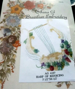 NEW "HARP OF REJOYCING" Anna G Brazilian Embroidery Stamped Linen QUILT BLOCK - Picture 1 of 3