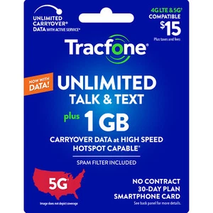 Tracfone 15 USD Nieograniczona rozmowa i tekst, 1 GB danych / 30 dni (karta fizyczna) - Zdjęcie 1 z 5