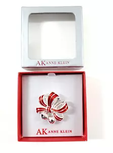 Vintage NOS AK Anne Klein Red Silver Bow Bell Holiday Christmas Brooch Pin - Picture 1 of 5