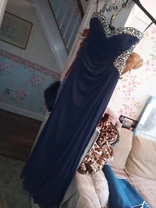 BONITO VESTIDO LIPSEY DAMAS LARGO AZUL MARINO SIN HOMBROS FORRADO CON CUENTAS CON VOLANTES, TALLA 8, EN MUY BUENA CONDICIÓN - Imagen 1 de 12