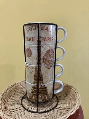 Pier 1进口可堆叠瓷器埃菲尔铁塔4马克杯塔架二手状况完好 — 第 1/4 张图片