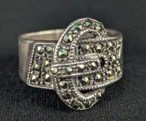 Vintage Sterling Marcasite Buckle Size 7 Ring 925 Silver Gift Idea - Picture 1 of 4