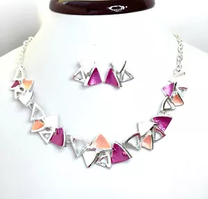 Womens Silver Pink Orange Geometric Necklace Set Statement Art Deco Birthday - Picture 1 of 3