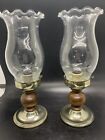 Pair Of Vintage MCM Wood Brass Glass Hurricane Candle Taper Holders