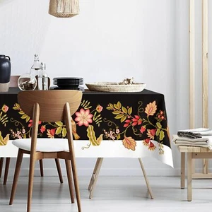 WHITE BLACK BIRDS FLOWERS WATERPROOF FABRIC TABLECLOTHRECTANGLE WATERCOLOR WRINK - Picture 1 of 8