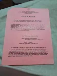 "True Romance" Hollywood Movie PREMIERE flier 08/09/93. Mann's Chinese Theater - Picture 1 of 1