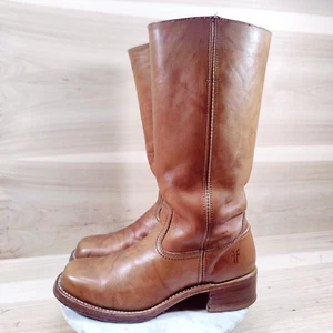 Vtg Frye Campus Boots Women 10 M Saddle Brown 14L Square Toe Western - Picture 1 of 12