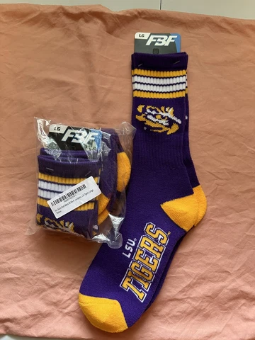 2 PAIRS LSU Tigers Socks 4 Stripe Size L Cover