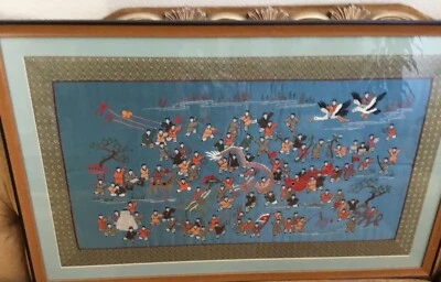Chinese New Year silk embroidery panel screen frame children play dragon large! - Изображение 1 из 4
