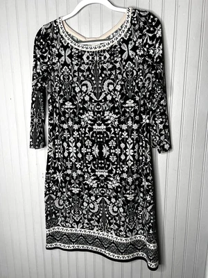 Max Studio Dress Womens Medium Black White Floral 3/4 Sleeve Stretch Knit NEW - Image 1 of 4