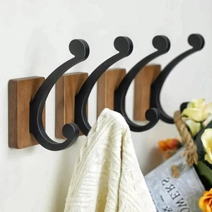 Wall Hooks for Hanging Towel - Black Rustic Wood Coat Hook,4 and - Picture 1 of 7