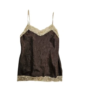Large Y2k Slip Tank Top Brown Tan Lace Crinkle V Neck Adjustable Spaghetti Strap - Picture 1 of 10