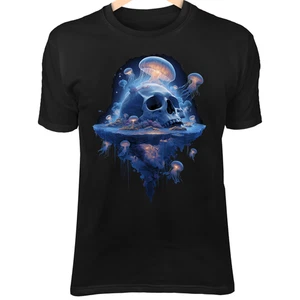 Surreal Jellyfish Skull II T-Shirt – Floating Island, Cosmic Nebula Fantasy Tee - Picture 1 of 5