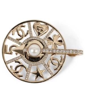 71693 auth CHANEL gold 22S SPINNING WHEEL PEARL & STRASS Brooch - Picture 1 of 6