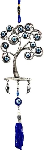 Tree of Life & Evil Eye Beaded Wall Hanging 10" Length Pewter & Blue Glass Decor Cover