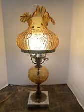 Vintage Fenton Amber Ruffled Top Table Lamp On Brass & Italian Marble Base 20"