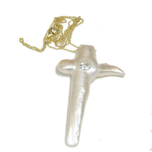Baroque Cross Aquamarine Pearl Necklace / White 14k Yellow Gold 16" 17" 18"