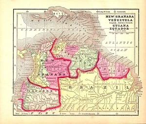 "NEW GRANADA, VENEZUELA" Antique authentic hand colored miniature map 1857 - Picture 1 of 2