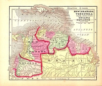 "NEW GRANADA, VENEZUELA" Antique authentic hand colored miniature map 1857 - Image 1 of 2