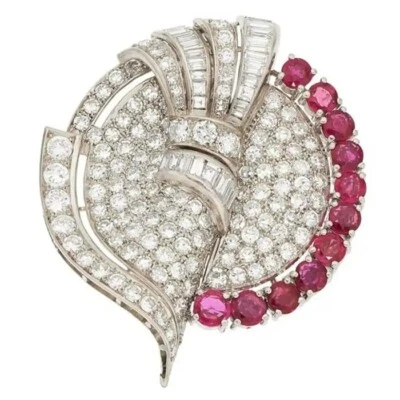 Art Deco 15.73TCW Ruby & Sapphire Classic Party Wear 935 Silver Women's Brooch - Image 1 of 4