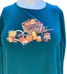 Croft & Barrow Top XXL Teal Pumpkin Long Sleeve Crew Neck Tee Thanksgiving Fall - Picture 1 of 11