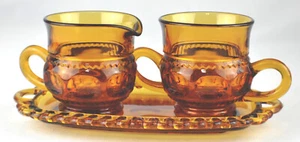 Vintage Indiana Glass Amber Kings Crown Thumbprint Cream and Sugar With Tray - Picture 1 of 5