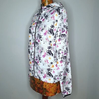 LJ BLACK - Size S white floral hooded zip up spray jacket lightweight Lorna Jane - image 1 of 4