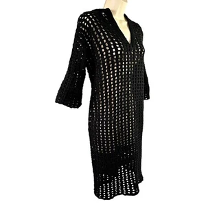 Handmade Open Knit Overlay Dress Size M Black Net Patterned Sweater 3/4 Bell Slv - Picture 1 of 7