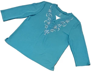 Fashion Classics Petite Blouse 3/4 Sleeve Embroidered Turquoise Green Womens PXL - Picture 1 of 10