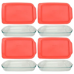 Pyrex (4) 234 Piatti Casseruola da Forno in Vetro Rettangolare 4qt e (4) 234-PZ Coperchio Rosso - Foto 1 di 6