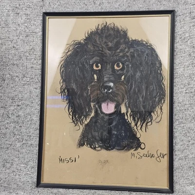 Vintage M. Seehofer Original Poodle Dog Pastel Charcoal Drawing Signed Frame Art - Image 1 of 4