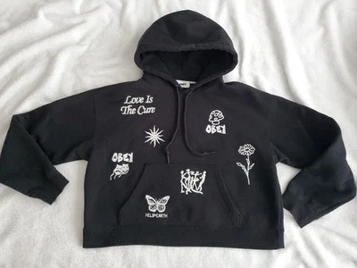 OBEY FLASH女式短刺绣连帽衫黑色中号连帽运动衫二手状况完好 — 第 1/4 张图片