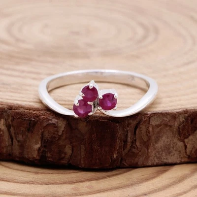 0.45ct Natural Ruby Three Stone Engagement Ring 925 Sterling Silver Jewelry - Image 1 of 4