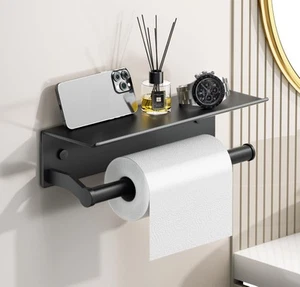 Black Paper Towel Holder Wall Mount with Shelf for Bathroom, Matte Black Adhe... - Picture 1 of 9