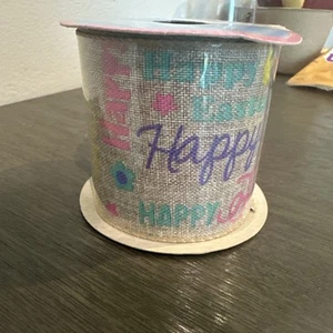 Burlap Happy Easter Ribbon - New 2.5” 3 Yards Crafting Ribbon - Picture 1 of 6