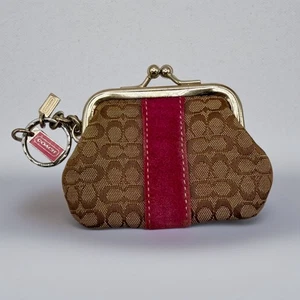 Coach Mini Signature Pink Suede Kisslock Purse Keychain Key Ring - Picture 1 of 5