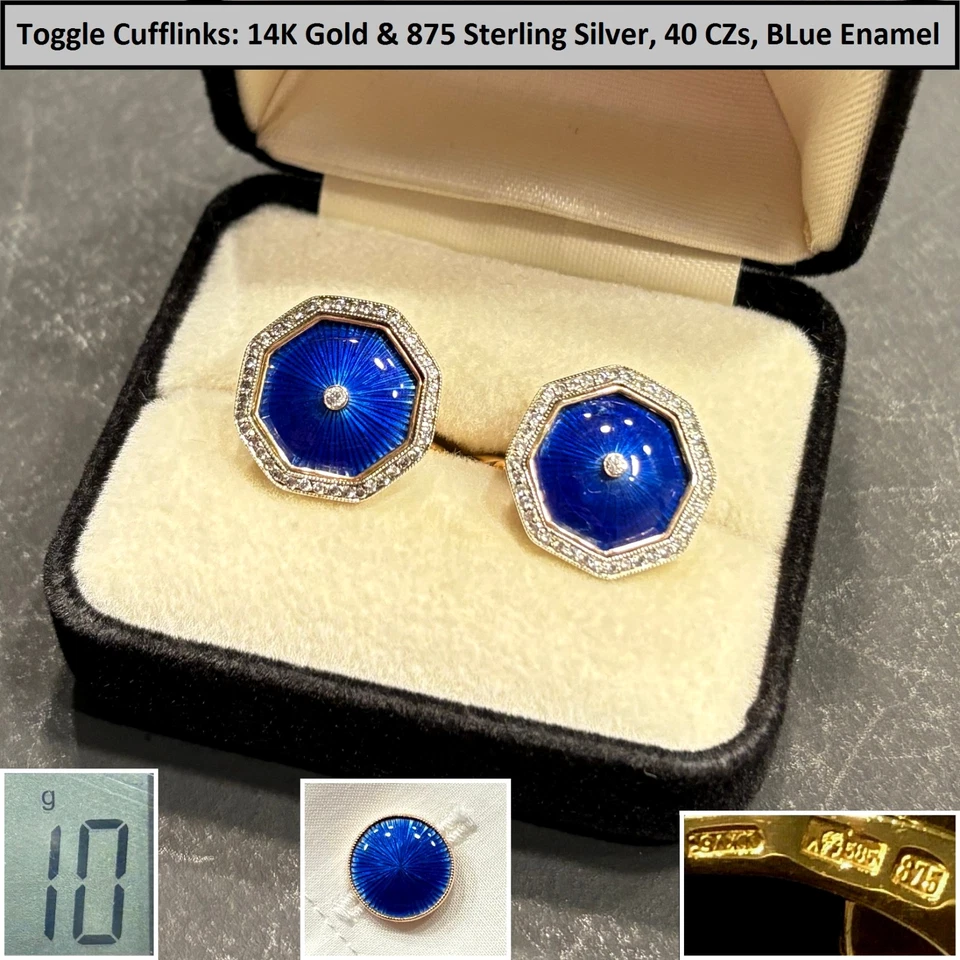 NEW 14K GOLD & STERLING SILVER.875 GUILLOCHÉ ENAMEL +CZ CUFFLINKS RUSSIA ca.1995 - Image 1 of 4