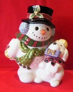 Fitz & Floyd 1995 Frosty Folks Figur Schneemann & Welpe Bonbonglas & Deckel - Bild 1 von 22