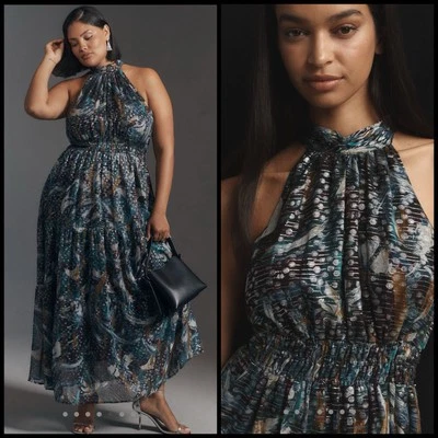 Anthropologie The Somerset Maxi Dress Halter Edition Size XS Metallic Abstract - Image 1 of 4
