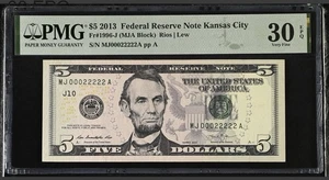2013 $5 Kansas City PMG 30 EPQ ⭐ Fancy Serial MJ00022222A Quad 2 Repeater Note - Picture 1 of 3