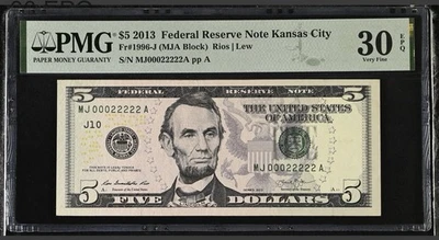 2013 $5 Kansas City PMG 30 EPQ ⭐ Fancy Serial MJ00022222A Quad 2 Repeater Note - Image 1 of 3