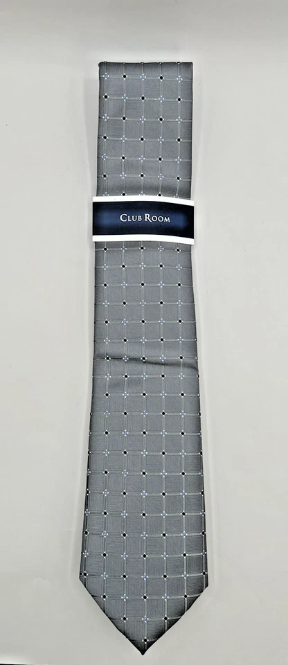 CLUB ROOM WAYNE GRID BLUE/GRAY POLKA DOT SQUARE SILK/POLY NECK TIE NEW WITH TAG - Image 1 of 4