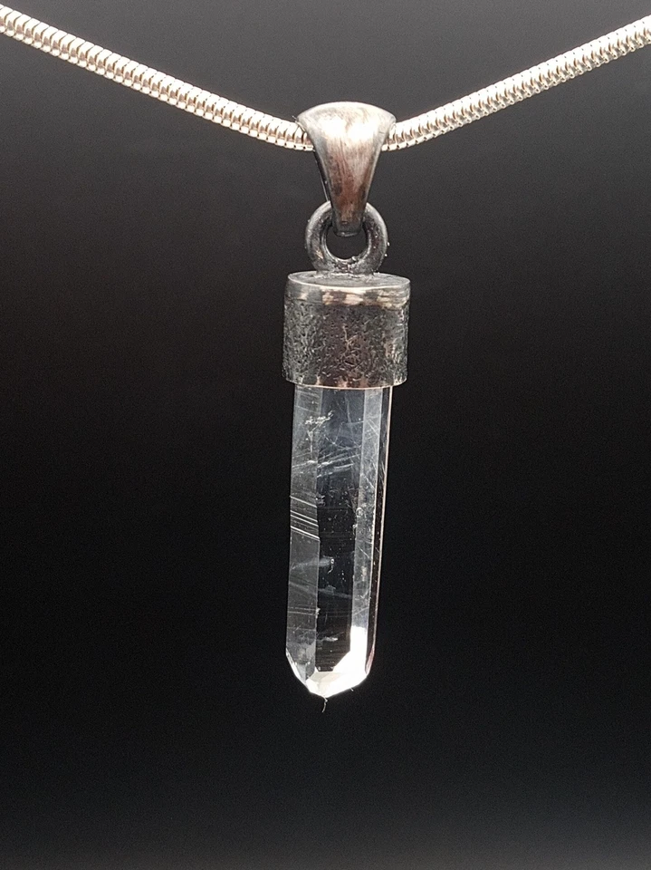 Lemurian Crystal Point Necklace, Textured Oxidized Silver Setting Quartz - Image 1 of 4