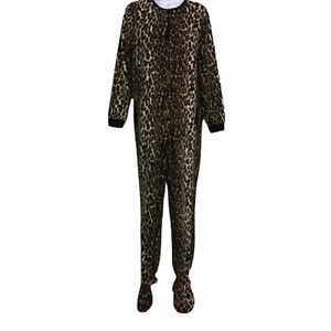Nick & Nora Soft Fleece Unionsuit Pajamas Womens L Leopard Brown Footed Footies - Picture 1 of 7
