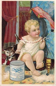 Tarjeta canjea de colección 1847 marca Gail Borden Eagle leche condensada bebé y gatito - Imagen 1 de 2