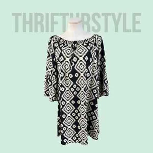 R Rouge Damen LARGE Etuikleid, Glockenärmel, Midikleid, schwarz-weiß Boho - Bild 1 von 9