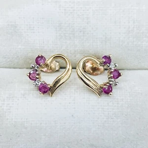 10k Yellow Gold Diamond & Ruby Heart Love Valentine's Day Post Stud Earrings - Picture 1 of 5