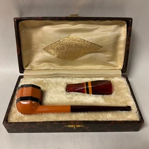 DE COLECCIÓN ART DECO 2 PIEZAS PIPA Y SOPORTE PARA CIGARROS BAQUELITA BUTTERCOTCH EN ESTUCHE - Imagen 1 de 9