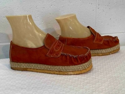 7.5 Nuevo De Colección Años 70 Zapato Delmar Cuerda Yute Tacón Plataforma Mocasín Cuero Sin Cordones 7 1/2 Foto 1 de 4