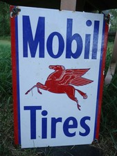 OLD VINTAGE 1950S MOBIL TIRES PORCELAIN ENAMEL AD SIGN MOBILGAS MOBILOIL